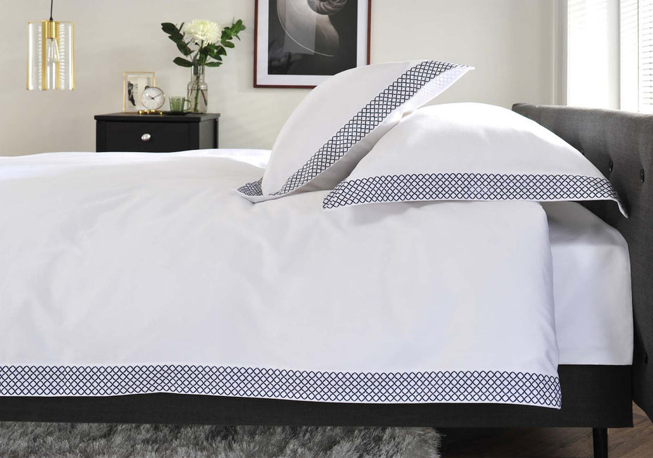 The Anmer Bed Linen Set in Blue - Dressed Bed - Side on View