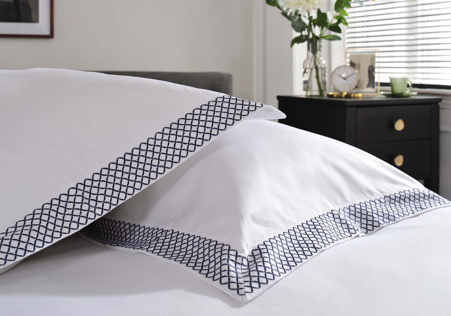 The Anmer Bed Linen Set in Blue - Dressed Bed - Pillow Closeup