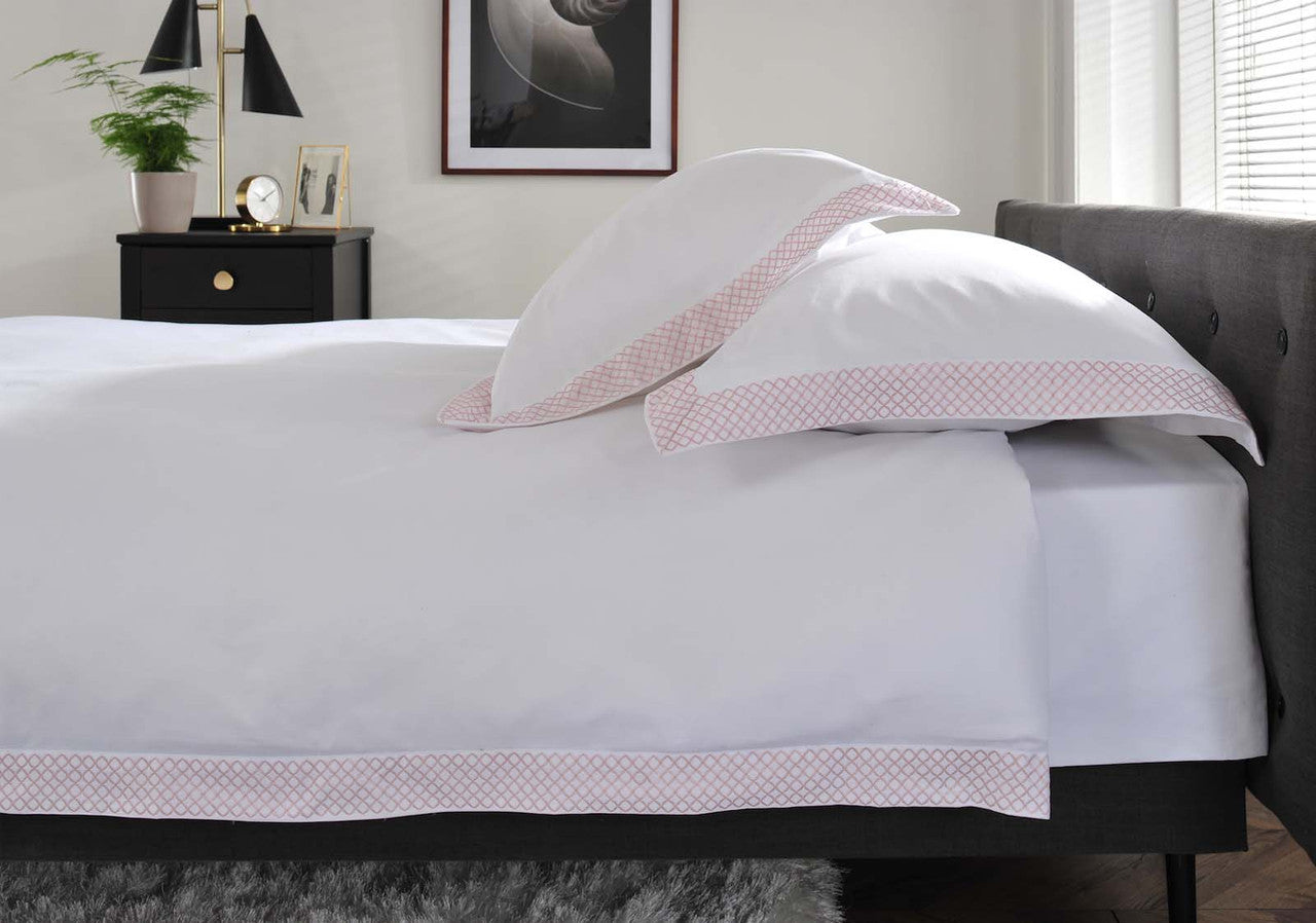 The Anmer Bed Linen Set in Blush - Dressed Bed - Side on View