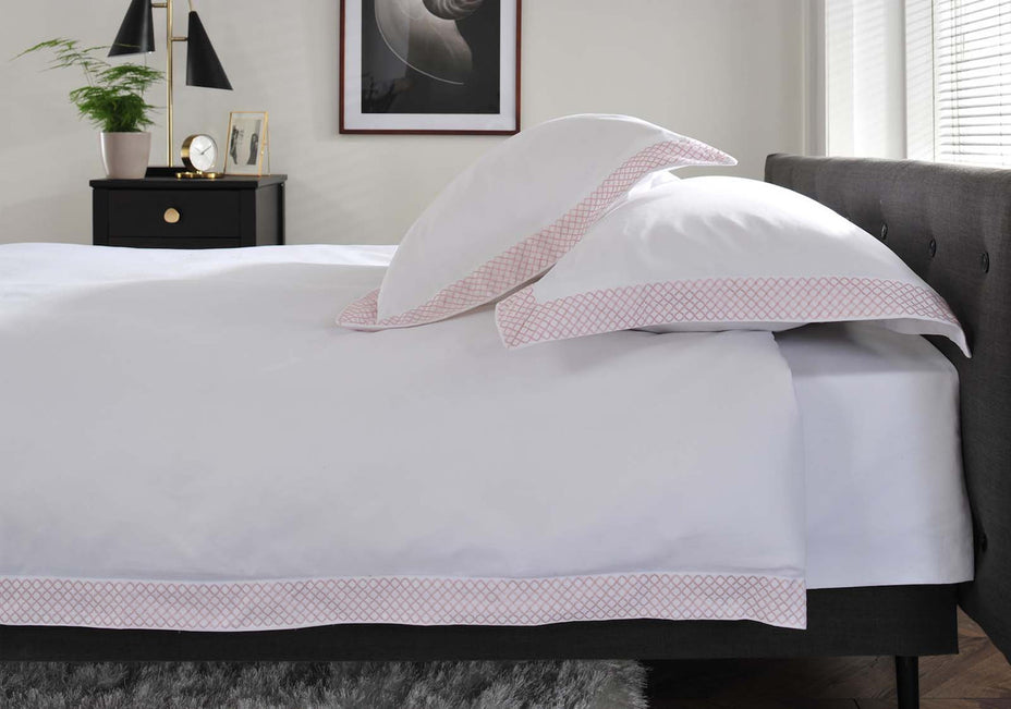 The Anmer Bed Linen Set in Blush - Dressed Bed - Side on View