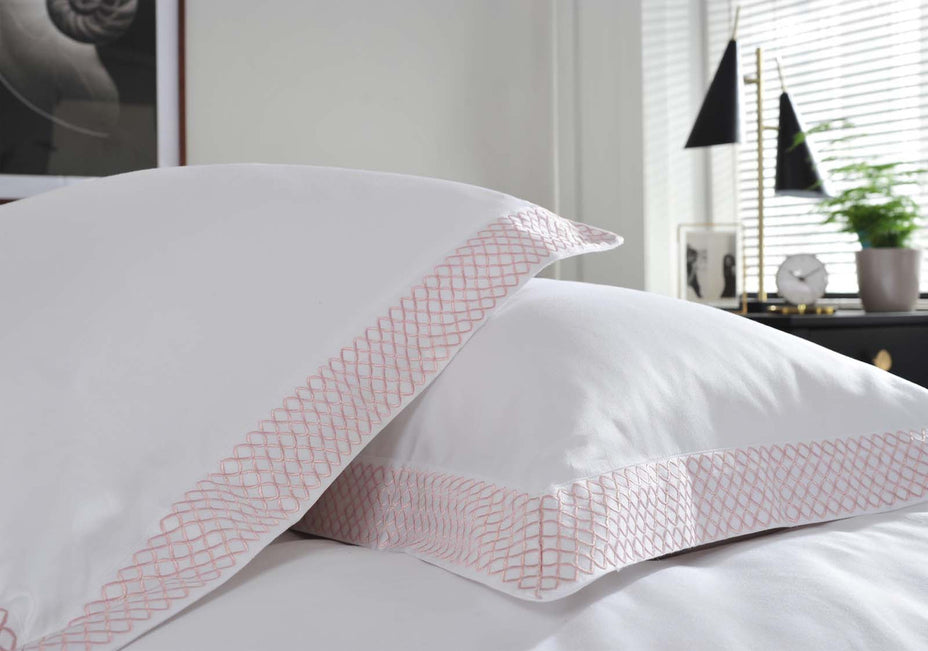 The Anmer Bed Linen Set in Blush - Dressed Bed - Pillow Closeup