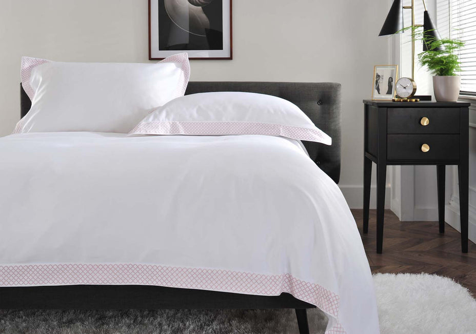 The Anmer Bed Linen Set in Blush - Dressed Bed - Closeup
