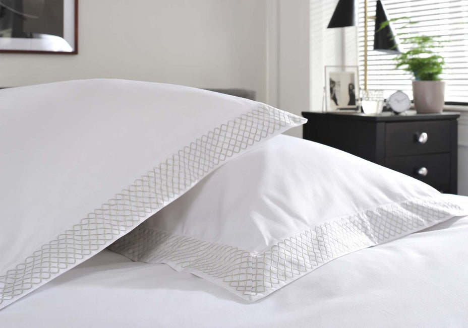 The Anmer Bed Linen Set in Silver - Dressed Bed - Pillow Closeup