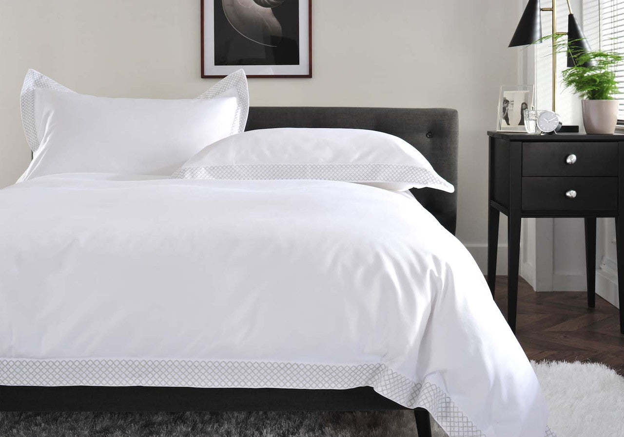 The Anmer Bed Linen Set in Silver - Dressed Bed - Closeup