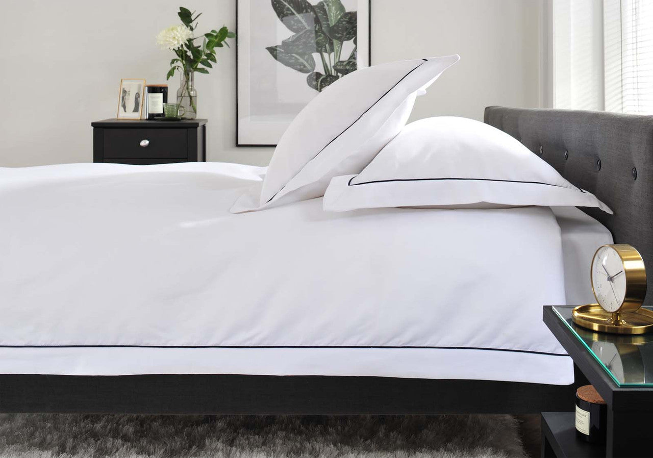 The Belvedere Bed Linen Set in Blue - Dressed Bed - Side on View