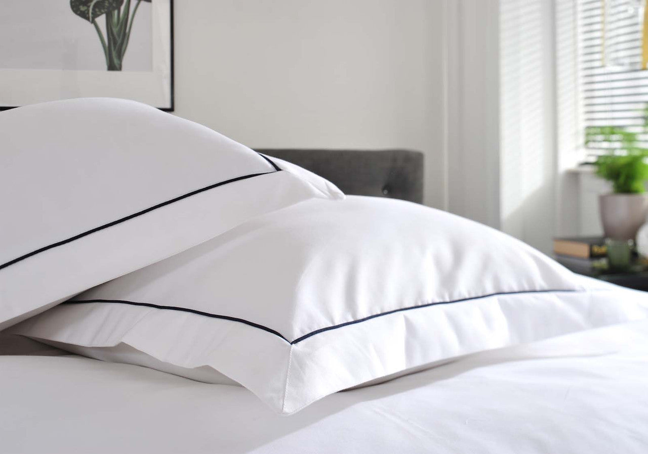 The Belvedere Bed Linen Set in Blue - Dressed Bed - Pillow Closeup