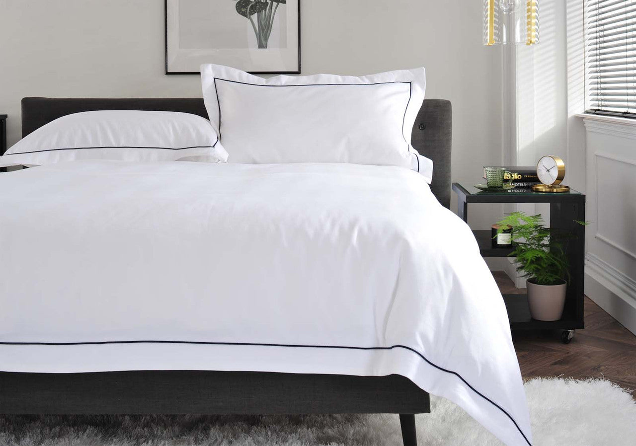 The Belvedere Bed Linen Set in Blue - Dressed Bed - Closeup