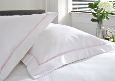 The Belvedere Bed Linen Set in Blush - Dressed Bed - Pillow Closeup